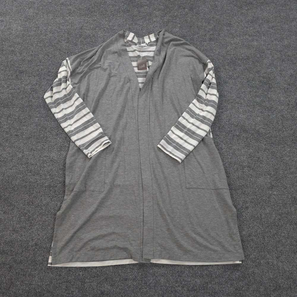 J Jill Cardigan Sweater Womens Medium Gray Stripe Tencel Open Front‎ Pure Jill